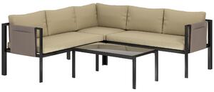 Outsunny 4 Piece Metal Garden Furniture Set with Tempered Glass Coffee Table, Breathable Mesh Pocket, Outdoor Conversational Corner Sofa Loveseat with Padded Cushions, Khaki