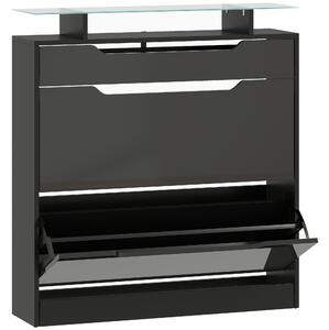 HOMCOM Shoe Storage Cabinet with Slide Out Drawer, 2 Flip Doors, Tempered Glass Top - Black