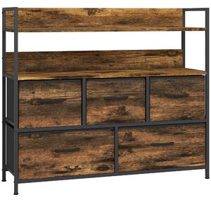 HOMCOM Rustic Chest of Five Fabric Drawers - Brown Wood Effect Aosom UK