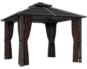 Outsunny 3 x 3(m) Hardtop Gazebo Canopy with Double Polycarbonate Roof, Garden Gazebo Permanent Pavilion with Mosquito Netting and Curtains, Brown