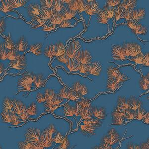 DUTCH WALLCOVERINGS Wallpaper Pine Tree Gold and Blue