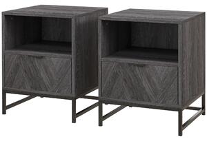 HOMCOM Bedside Table Set of 2 with Drawer and Shelf, Steel Legs, for Living Room, Bedroom, Dark Grey