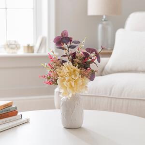 Artificial Hydrangea & Foliage Bouquet in Textured White Floral Vase Purple