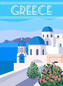 Art Print Greece Poster Travel, Greek white buildings, VectorUp