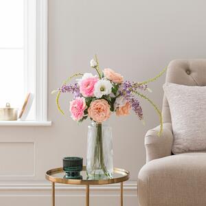 Artificial Rose & Delphinium Bouquet in Ribbed Glass Vase Pink