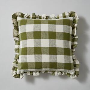Frilled Check Cushion Olive Green/White
