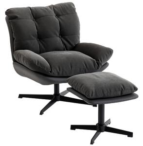HOMCOM Accent Chair with Footstool, Swivel Lounge Chair with Chenille Upholstery, Metal Base, Dark Grey