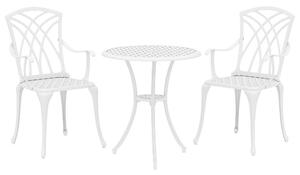 Outsunny 3 Pieces Garden Bistro Set, Cast Aluminium Outdoor Dining Set with 2 Chairs and Round Table with Parasol Hole, White