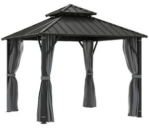Outsunny 3 x 3(m) Hardtop Gazebo Canopy with Metal Roof, Waterproof Permanent Pavilion Garden Gazebo with Netting, Curtains, Grey