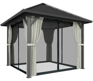 Outsunny 3 x 3(m) Hardtop Gazebo with Galvanised Steel Roof and Water Gutter, Waterproof Permanent Pavilion Garden Gazebo with Netting and Curtains for Patio, Deck, Black