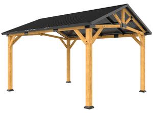 Outsunny 3.5 x 4 m Hardtop Gazebo Canopy with Galvanised Metal Roof, Fir Wood Frame and Hook for Patio, Garden, Black Grey