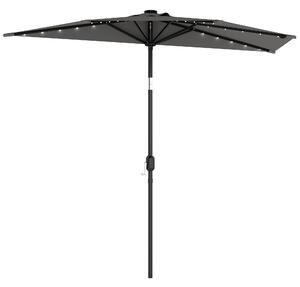 Outsunny 2.6 m Half Garden Parasol with Solar LED Lights, UPF50+ Semi Round Umbrella with 30° Tilt, Crank Handle, Dark Grey