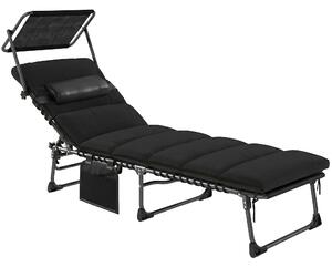 Outsunny Folding Sun Lounger with Canopy, Reclining Sunbed with Cushion, Side Pocket, Carrying Handle, Black
