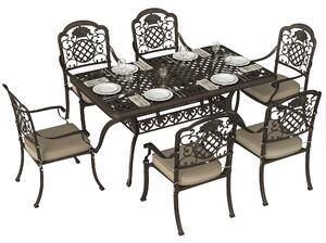 Outsunny Garden Dining Set for 6, Cast Aluminium Outdoor Table and Chairs Set with Cushions, Parasol Hole for Patio, Bronze Tone