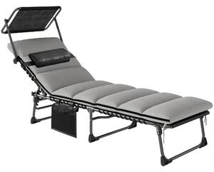 Outsunny Folding Sun Lounger with Canopy, Reclining Sunbed with Cushion, Side Pocket, Carrying Handle, Light Grey