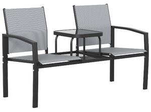 Outsunny Garden Love Seat, 2 Seater Jack and Jill Loveseat Companion Seat with 2-Tier Glass Table, Breathable Texteline, Grey