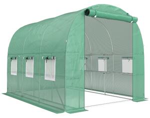 Outsunny Walk-in Greenhouse with Shelves, Polytunnel Greenhouse with Roll-Up Door, 6 Mesh Windows,198 x 275 x 191 cm, Green