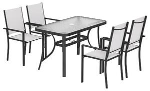 Outsunny Garden Dining Set for 4 with Umbrella Hole, Stackable Chairs and Rectangular Glass-Top Outdoor Table, Light Grey