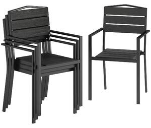 Outsunny Stackable Garden Chairs Set of 4, Garden Dining Chairs with Slatted HDPE Seat Back, Armrests, Metal Frame, Black