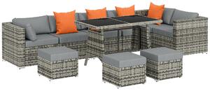 Outsunny 10 Piece Rattan Garden Furniture Set, 2 Corner Sofas with 4 Chairs, 4 Stools and Coffee Table, Outdoor Patio Furniture