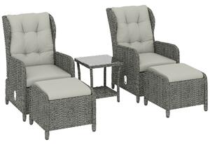 Outsunny 5 Piece Garden Furniture Set, Rattan Reclining Garden Chair Set of 2 with Footstool and Cushion for Balcony, Cream