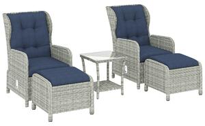 Outsunny 5 Piece Garden Furniture Set, Rattan Reclining Garden Chair Set of 2 with Footstool and Cushion for Balcony, Dark Blue