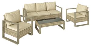 Outsunny 4 Piece Rattan Garden Furniture Set with 3-Seater Sofa, Armchairs, Table, Aluminium Frame Patio Conversation Set, Khaki