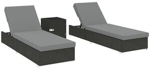 Outsunny Rattan Sun Loungers Set of 2 with Side Table, Garden Recliner Sunbeds with Adjustable Back, Cushions, Dark Grey