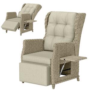 Outsunny Rattan Garden Recliner Chair, Reclining Garden Chair with Adjustable Back and Footrest, Flip Table, Cushion, Brown