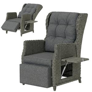 Outsunny Rattan Garden Recliner Chair, Reclining Garden Chair with Adjustable Back and Footrest, Flip Table, Cushion, Dark Grey