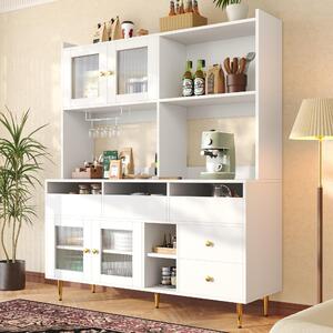 Multifunctional Sideboard with Changhong Glass Door and Glass Holder, Spacious Buffet with Multiple Drawers, 145L x 39W x 171H cm, White Aosom UK
