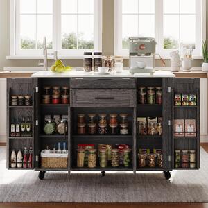 Versatile Kitchen Trolley with Fold-Out Worktop and Lockable Castors, Spacious Kitchen Island with Cabinets, 136L x 70W x 92H cm, Gray Aosom UK