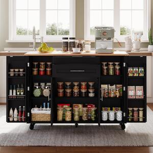 Versatile Kitchen Trolley with Fold-Out Worktop, Spacious Storage Island with Double-Door Cabinets, 136L x 70W x 92H cm, Black+Natural Aosom UK