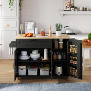 Versatile Kitchen Island with Foldable Worktop and Shelves, Multifunctional Cabinet for Dining Areas, 132.5L x 44W x 90H cm, Black+Natural Aosom UK