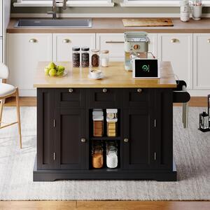 Versatile Kitchen Island with 3 Drawers and 2‑Door Cupboards, Practical Trolley with Extendable Worktop, 132L x 70W x 87H cm, Natural+Black Aosom UK
