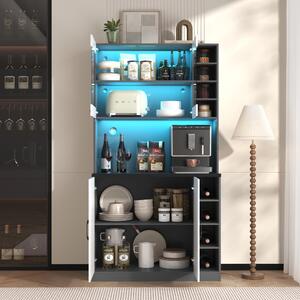 Tall Kitchen Cupboard with LED Lighting and Generous Storage, Freestanding Pantry with Microwave Shelf, 100L x 47W x 187H cm, White+gray Aosom UK