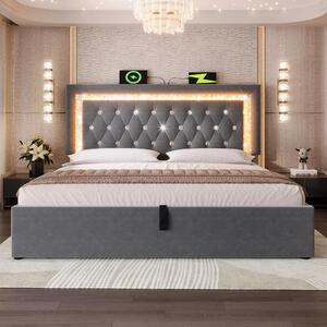 Upholstered Bed with Built-In USB Ports and Type-C Charging, Hydraulic Storage Bed with Adjustable Headboard, 214L x 160W x 108H cm, Grey Aosom UK