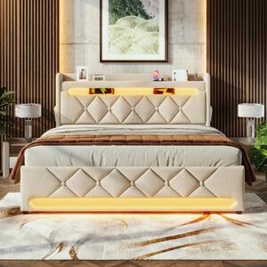 Upholstered Storage Bed with Integrated LED Lighting and USB Ports, Hydraulic Bed with Metal Slatted Frame, 225L x 156W x 111H cm, Beige Aosom UK