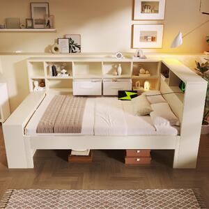 Practical Platform Bed with USB, Type-C Charging Ports and Bookcase, L-Shaped Bed with Triple-Side Storage, 234L x 116W x 90H cm, White Aosom UK