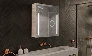 Bathroom cabinet with illuminated LED mirror - 66.5 x 72 cm with glass shelves in Oslo Oak color, wooden, by Artforma