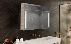 Illuminated cabinet with LED mirror, Emily L02 model - 100 x 72 cm, bathroom cabinet with modern design and lighting switch configuration, in Oslo Oak color