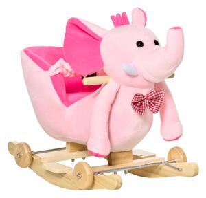 HOMCOM 2 In 1 Plush Baby Ride on Rocking Horse Elephant Rocker with Wheels Wooden Toy for Kids 32 Songs (Pink)