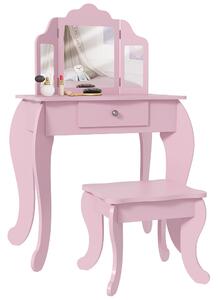 HOMCOM Kids Vanity Table and Chair Set with Tri-Folding Mirror and Stool, Makeup Dressing Table with Drawer, Pink