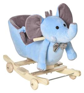 HOMCOM 2 In 1 Plush Baby Ride on Rocking Horse Elephant Rocker with Wheels Wooden Toy for Kids 32 Songs (Blue)