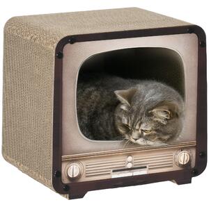 PawHut 2 in 1 TV Shape Cat Scratching Board House with Catnip, for Indoor Cats, Brown Aosom UK