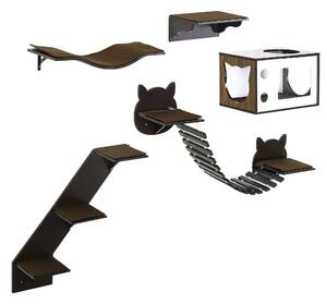 PawHut 5 Pieces Cat Wall Shelves with Curved Platform, Cat Condo, Bridge, Stairs, and Perch, Wall Mounted Cat Tree for Indoor Use, Brown