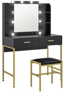 HOMCOM Dressing Table with Lighted Mirror, Cushioned Stool, Drawers, Shelves, Makeup Vanity Desk Set, Modern Dresser Vanity Table Black Aosom UK