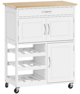 HOMCOM Modern Kitchen Trolley, Rolling Island Storage Cart with Drawer, 9-bottle Wine Rack, Door Cabinets, Wooden Countertop, White