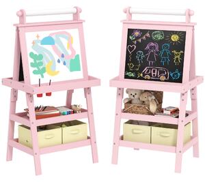 AIYAPLAY 3 in 1 Kids Easel Double-Sided Magnetic Whiteboard and Chalkboard with Paper Roll, Storage Baskets - Pink Aosom UK