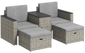 Outsunny 5 Piece Rattan Garden Furniture Set, Nesting Outdoor Furniture Conversation Set with 2 Footstools, WPC Storage Coffee Table and Cushions, Wicker Garden Sofa for Conservatory, Terrace, Grey